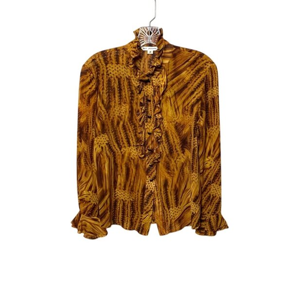 St. John Silk Blend Long Sleeve Ruffled Button Up Blouse Abstract Print Size 2 - Picture 1 of 8